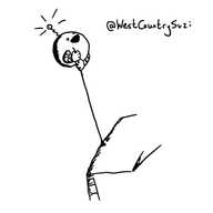 A spherical robot with arms but no legs holding onto the end of a car aerial. Its mouth is open and its eyes screwed up as if yelling and it has an antenna on its head with a flashing light on the end.