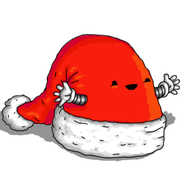 A robot in the form of a Santa hat, with two little banded arms on the side and a smiley face on the front.