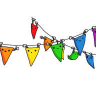 Two suspended strings from each of which hang six flat, triangular robots with two little banded arms that are gripping the strings. The robots are mostly smiling, but one is asleep, one looks a bit worried and one is annoyed at its cheerfully swinging neighbour. The robots are currently in Pride rainbow colours, with each string displaying a spectrum of red, orange, yellow, green, blue and purple.