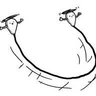 Two bulb-shaped robots, held up by top-mounted propellers and connected by a skipping rope which they're swinging between them. Both robots have little waving arms and joyous expressions on their faces.