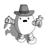 An ovoid robot with banded arms and legs. It's wearing a conical black hat with a wide brim and a buckle on the front, holds a wooden stake in one hand and a cross in the other, thrust forward. It's shouting angrily, advancing on its off-screen foes.