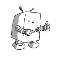 A cuboid robot with two zig-zag antennae and banded arms and legs. It's pointing and giving a thumbs up and has a little round badge on its chest that reads "#1 FAN".