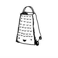 A robot in the form of a trapezoid cheese grater with four little wheels on the bottom and a happy little face beneath the actual grater part on the front.