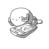 A bored-looking ovoid robot sprawled beside a phone. It's propped up on one hand while the other hovers, finger extended, over the screen.