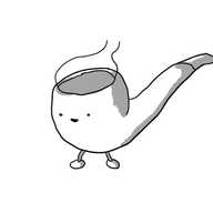 A robot in the form of a traditional tobacco pipe, with its face on the bowl and two little legs underneath.