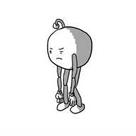 A spherical robot with jointed arms and legs and a drooping antenna. It's slumped down, tired, and has one eye closed as if half-woken up. It doesn't look happy.