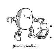 An ovoid robot lifting open a pack of sliced meat that us surrounded by flies. The robot is screwing its face up and sticking out its tongue as it makes a thumbs-down gesture with its free hand.