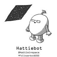 An ovoid robot with banded arms and legs, wearing glasses and with an antenna topped with a little ringed planet, looking happily out at a starry sky through an angled skylight.