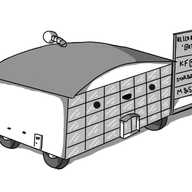 A robot in the form of a modern commercial building with a curved roof and a glass frontage. It has a little door with an awning on the front, a less grand access door on the visible side and an antenna on the roof. The robot's smiing face is on the glass and it has four wheels on its underside. To one side, connected to the robot, is a rectangular sign reading "WELCOME 'BOT" and then advertising the services offered within: "KFB", "STARBOTS" and "M&SB".