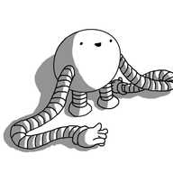 A round robot with banded arms and legs. Its arms are very, very long and flopping onto the floor, but it looks pretty happy about it.