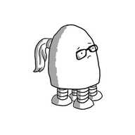 A round-topped robot with four stumpy little legs on its base, like Notokaybot. Instead of an antenna it has a little ponytail on its back and it's wearing glasses. Its expression is anxious.