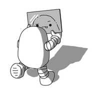 A round-topped robot with banded arms and legs, viewed from behind as it walks towards the frame. Its legs are facing backwards relative to its body and, to facilitate navigation, it's holding up a rectangular mirror in front of it. The robot's face is visible in the reflection, and it has a perplexed expression as it sticks out its tongue in concentration.