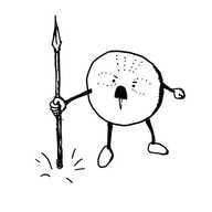 A round robot holding a spear and banging the butt into the ground beside it. It's yelling defiantly and its face is decorated with painted dots moddled after those sported by the character Shuri in the movie Black Panther, which were themselves inspired by traditional face paint designs of the Karo and Suri tribes of Ethiopia.