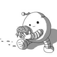 A slightly misshapen robot with banded arms and legs and a crooked antenna which is projecting almost horizontally. It has an irregular gait, and is sort of crab-walking across the frame holding a dripping brain in its hands, leaving a trail of fluids behind it. The robot has some stitch marks across its casing on around the base of one thumb and its eyes are slightly different sizes and at a slight angle. Nonetheless, it seems very happy.