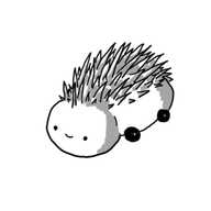 A robot made up of a spherical head connected directly to an avoid body, lying horizontally. It has four little wheels on the body and a smiley face on the front of its head. On its back, running from the top of its head and covering most of the top part of its body is a coating of spines.