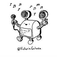 A boxy robot with a curved top and a screen showing lettering on its front below a very happy face. It has four stumpy, banded legs, one of which is thrown forward, mid-dance and two arms, one with a microphone plugged into itself and one pointing in the air. On the robot's back are two round speakers on limb-like connectors, surrounded by musical notes.
