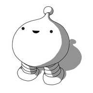 A bulb-shaped robot, whose spherical body tapers into an integrated antenna with a bobble on the end. It has two short banded legs and no arms, but looks very happy about its situation generally.