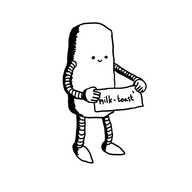 A cylindrical robot with long, slim banded arms and legs, cheerfully holding up a sign that says 'milk-toast' on it.