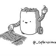 A cylindrical robot with two wheels on the bottom, cheerfully emptying out a lint compartment with one hand as the other reaches up to place more lint in the top of its head which gives access to its hollow interior.