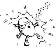 An ovoid robot wearing a winged helmet and standing in a wide-legged stance with its fists clenched, roaring in exultation as a lightning bolt strikes it.