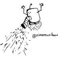 a robot shaped like a rounded, slightly-elongated cube with four little rocket boosters on its underside floats in the air. it has a wide, banded nozzle set into the middle of its body which is sucking up hair and dust. its face is small and set just above the nozzle, looking happy. it has thin, jointed arms with little hands waving in the air and an antenna like a spring with a bobble on the end.