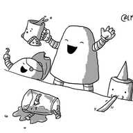 A bell-shaped robot standing at a table, presumably raised up on a bench. It's throwing its arms in the air joyfullyand has Teabot in one hand, which looks alarmed as tea sloshes out of its top. On one side of the robot sits Rumbot, laughing so hard its hat is falling off and on the other is Partybot, blowing out its noise-maker. On the table is an empty Beerbot, passed out in a puddle of its own beer.