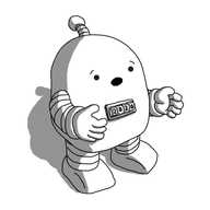 A round-topped robot with banded arms and legs and an antenna. It's holding out its hands, explaining something. On its tummy is a little cylindrical numerical dial with four digits, currently reading "2020".