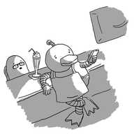 A robot shaped like an anthropomorphic duck wearing an apron leans on the inside of a bar, using a remote control to turn on a wall-mounted TV. A tall milkshake is on the bar in front of a horrified-looking Thommybot.