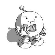 A spherical robot with banded arms and legs and a tapering antenna. It's holding a £5 note with a bite taken out of it and is chewing with crumbs spread around its mouth. It looks very confused about the situation.
