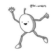 An ovoid robot with long, jointed limbs and a little antenna, stepping out and waving cheerily.
