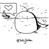 An enormous robot shaped like a cartoon whale, surfacing above the water next to a sailboat and spraying from its blowhole. It has a large speech bubble with a heart in it.