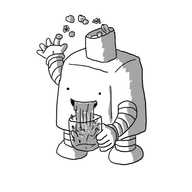 A rounded cuboid robot with an angled funnel on its top into which it is tossing a handful of mixed berries. It has a big wide smile from which is issuing a gushing stream of juice, splashing into a glass it is holding in its other hand.