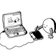 A round robot sprawled on the floor using an electronic drawing tablet plugged into a laptop. It has its tongue sticking out as it draws using the stylus. On the laptop screen is the exact same image, with a corresponding smaller version on that one's laptop screen and so on...