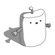 An oblong robot that is very slightly curved and rounded, like a hip flask, with two banded arms and an antenna on the top. It's smiling and holding out its arms.