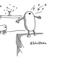 An ellipsoid robot with its eyes closed and its arms outstretched, singing a high note. In the background, a wine glass on a shelf is exploding as Glassbot looks up from the floor in dismay.