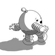 A spherical robot with banded arms and legs and an antenna, looking back over its shoulder in horror and surprise as it notices that its underside is darkened by a spreading, dripping damp patch.