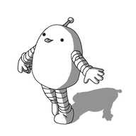 A rounded robot with banded arms and legs and an antenna, stretching up on its toes and sticking out its tongue. It has a little plaster (band-aid) on its upper left arm.