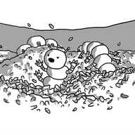 A landscape of rice within a vast bowl is assailed by a long robot made of jointed sphered with a pair of arms on each like a centipede. It's coiled around and under hillocks of rice and its head end is bursting out in the foreground, yelling furiously as it waves its arms and scatters grains everywhere.