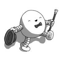 A round robot with banded arms and legs, dancing around as it flourishes a bowler hat and baron. It wears a bow-tie and is smiling happily with its eyes closed.