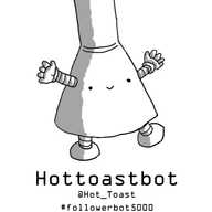 A robot shaped like a lamp shade, with a conical bottom section and cylindrical top section. Its face is on the conical part and it has two banded legs and the bottom and banded arms on either side of its face,