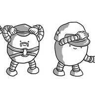 Four round robots spelling out the letters YMCA with their arms. They're dressed as some of the Village People, left-to-right: the cowboy with hat and neckerchief, leather-daddy/biker with peaked cap, chest harness and handlebar moustache, motorcycle cop with crash helmet, and construction worker with 70s-style hard hat and mirror shades.