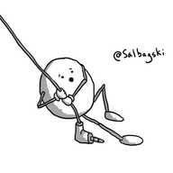 A round robot swinging into frame using a laptop power cable, looking alarmed.