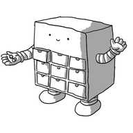 A cuboid robot with nine little drawers built into its front. It has banded arms and sturdy banded legs and is waving with one hand while the other holds out some pills. Its upper right drawer is fractionally pulled out.