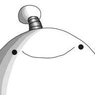 The upper part of a robot with a banded antenna. It has an enormous, vacant smile on its face.