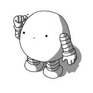 A spherical robot with banded arms and legs and a blank expression on its face. It's scratching idly at the side of its head/body.