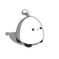 A dome-shaped robot with four wheels on its base and a banded antenna on its top. It has a determined expression on its face.