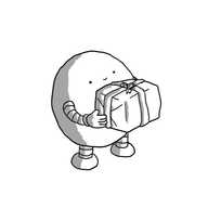 A round robot with banded arms and legs, smiling and proffering a gift-wrapped box.