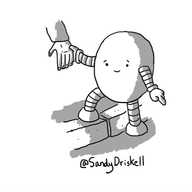 An ovoid robot stepping down from a kerb, pointing the way as it leads someone by their hand.