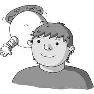 A spherical robot held aloft by a propeller on its top, with two banded arms. It's just leaning in to kiss a person on the side of their head.