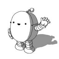 A round robot with banded arms and legs and a zigzag antenna, wearing a flat, round paper mask over its face/body, secured with elastic. The mask has a smiling face on it, exactly where the robot's actual face would be.